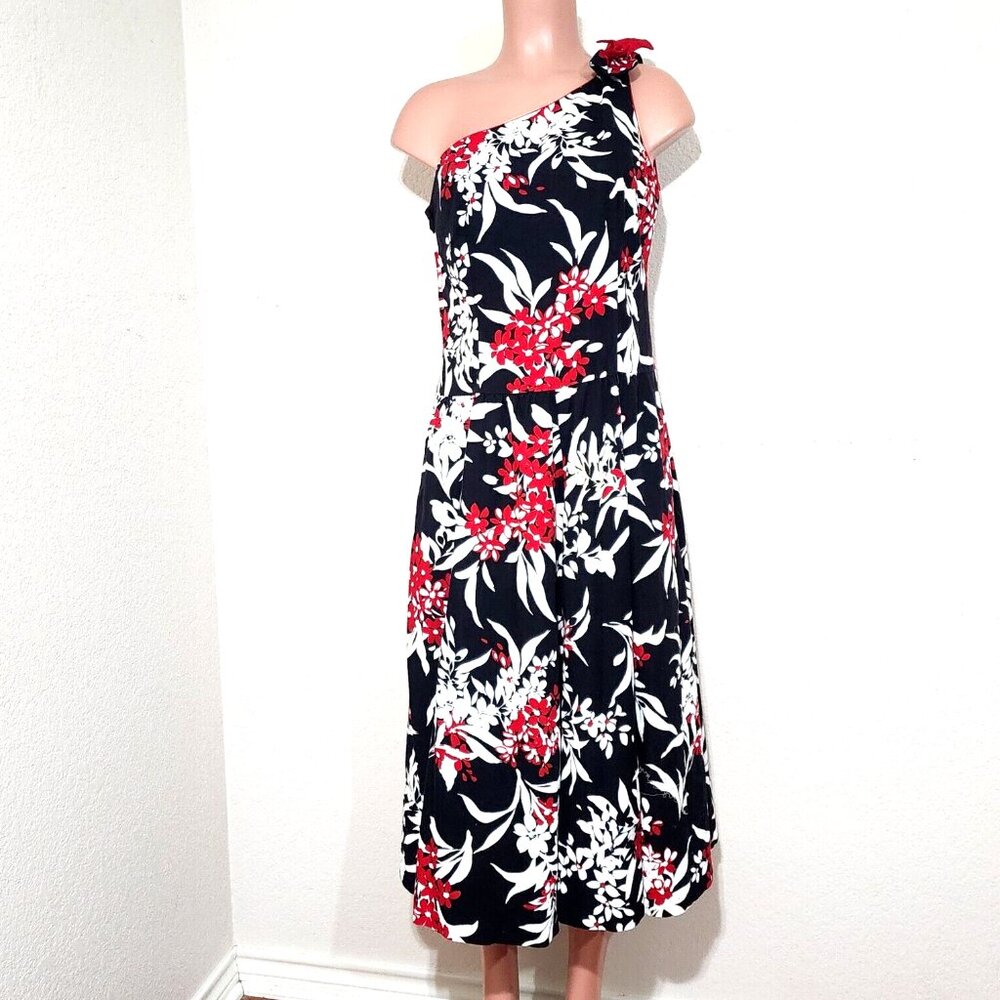 Lanz Originals Vintage One Shoulder Midi Dress 14* / Medium* Black Red Tropical